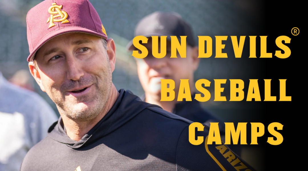 Arizona State University head baseball coach Willie Bloomquist smiling in front of media cameras with bold yellow text “Sun Devils® Baseball Camps” on the right side